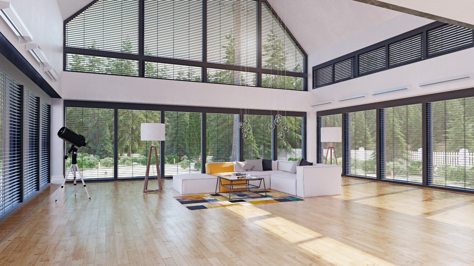 A living room with a lot of windows and a wooden floor.