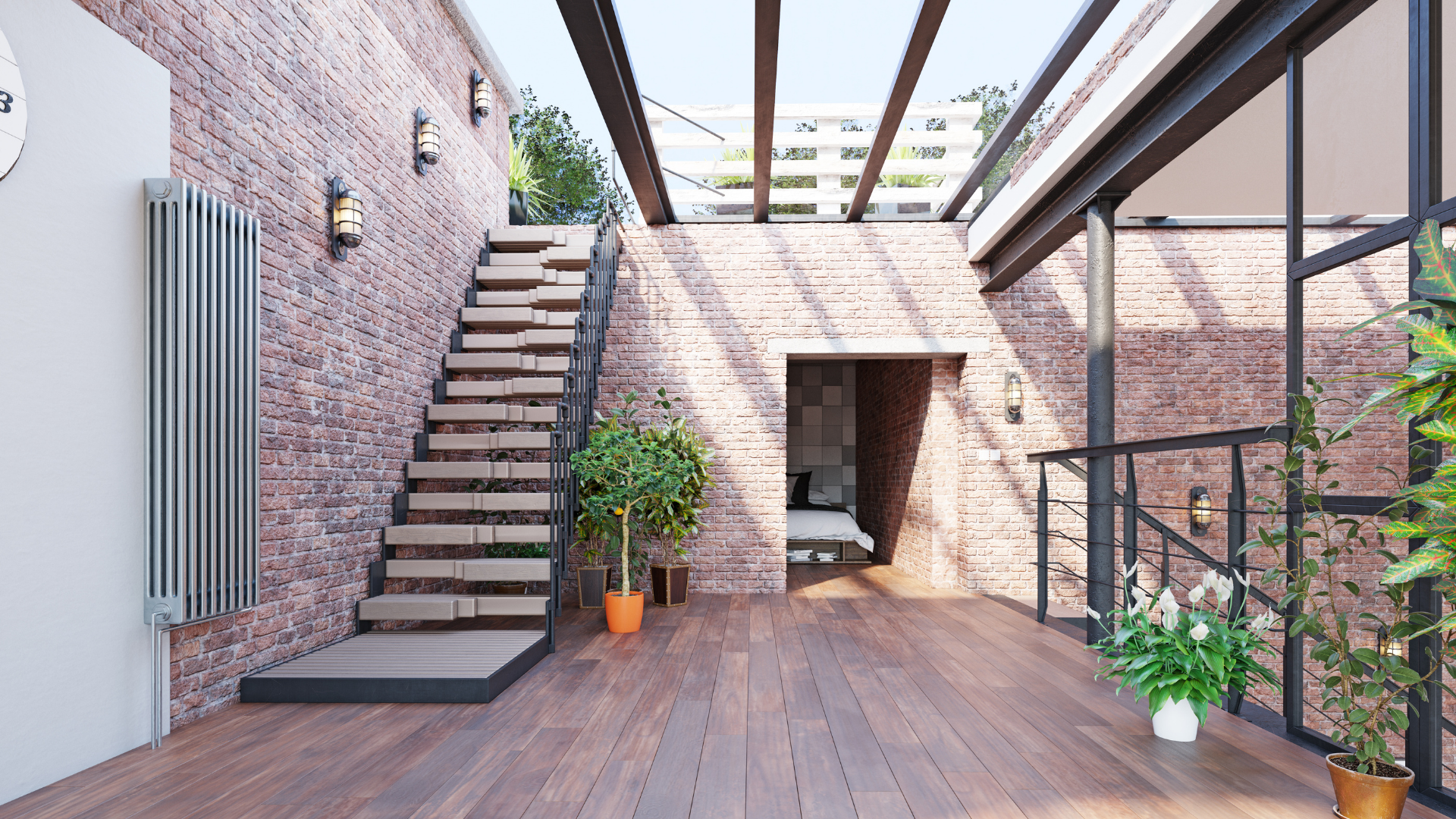 There is a staircase in the middle of the room.