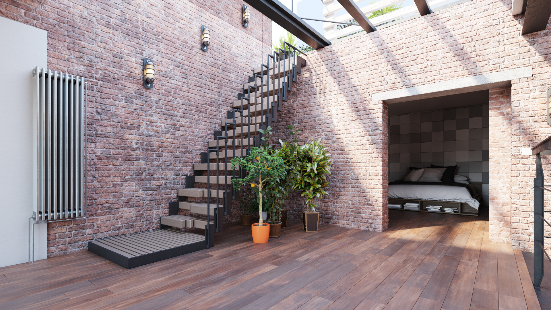 There is a spiral staircase in the middle of the room.