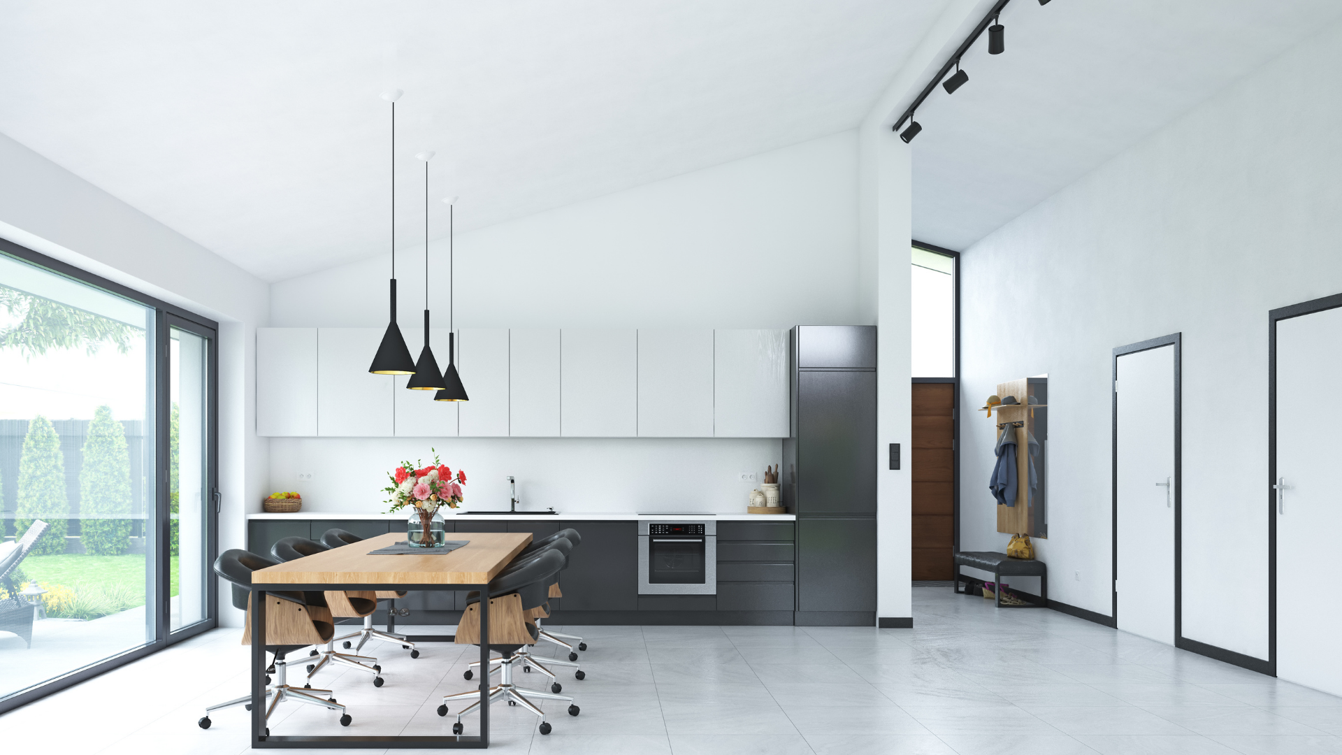 A kitchen with a table and chairs in it and a large window.