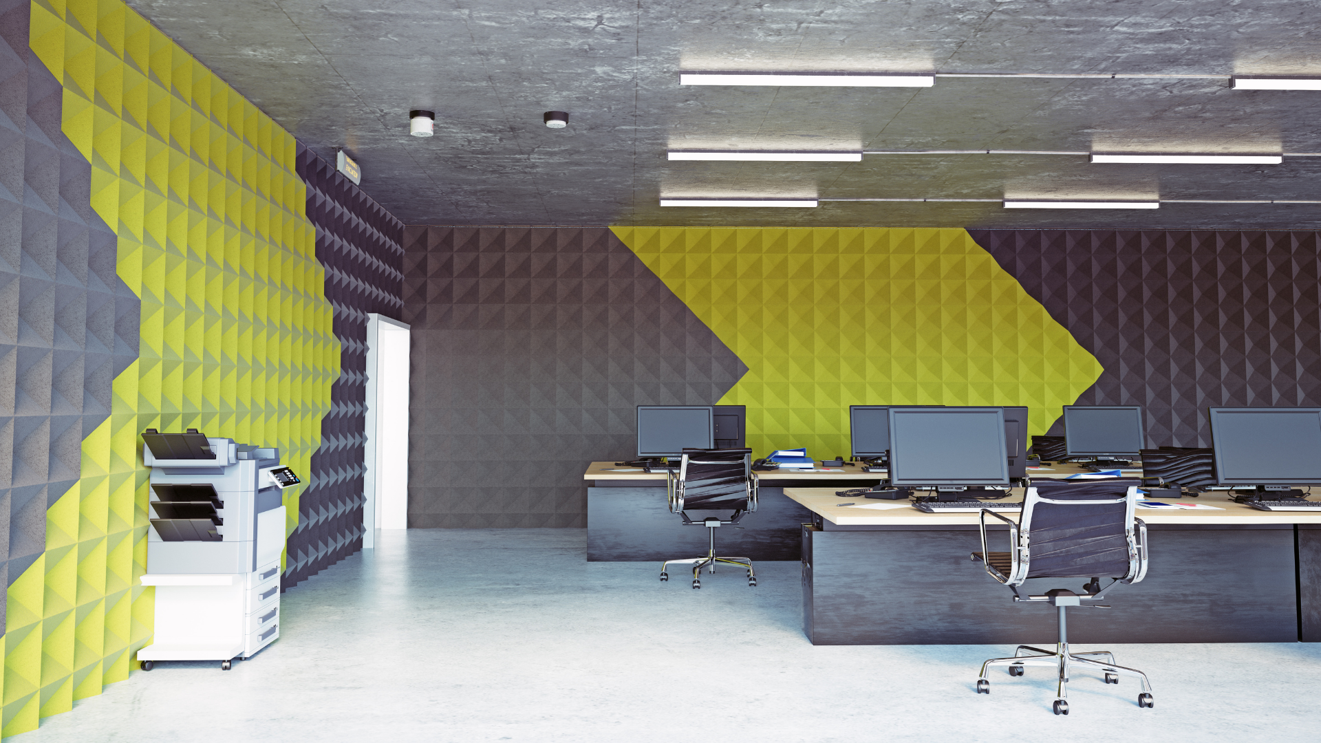An office with yellow and black walls and a printer