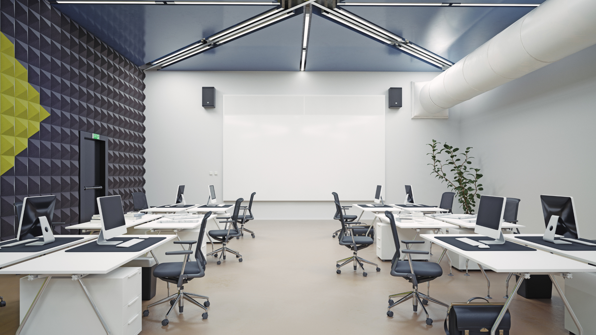 An empty office with tables and chairs and a white board.