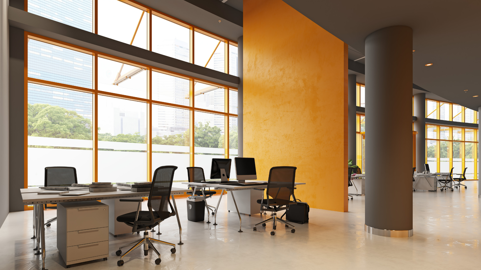 An office with a lot of windows and tables and chairs.