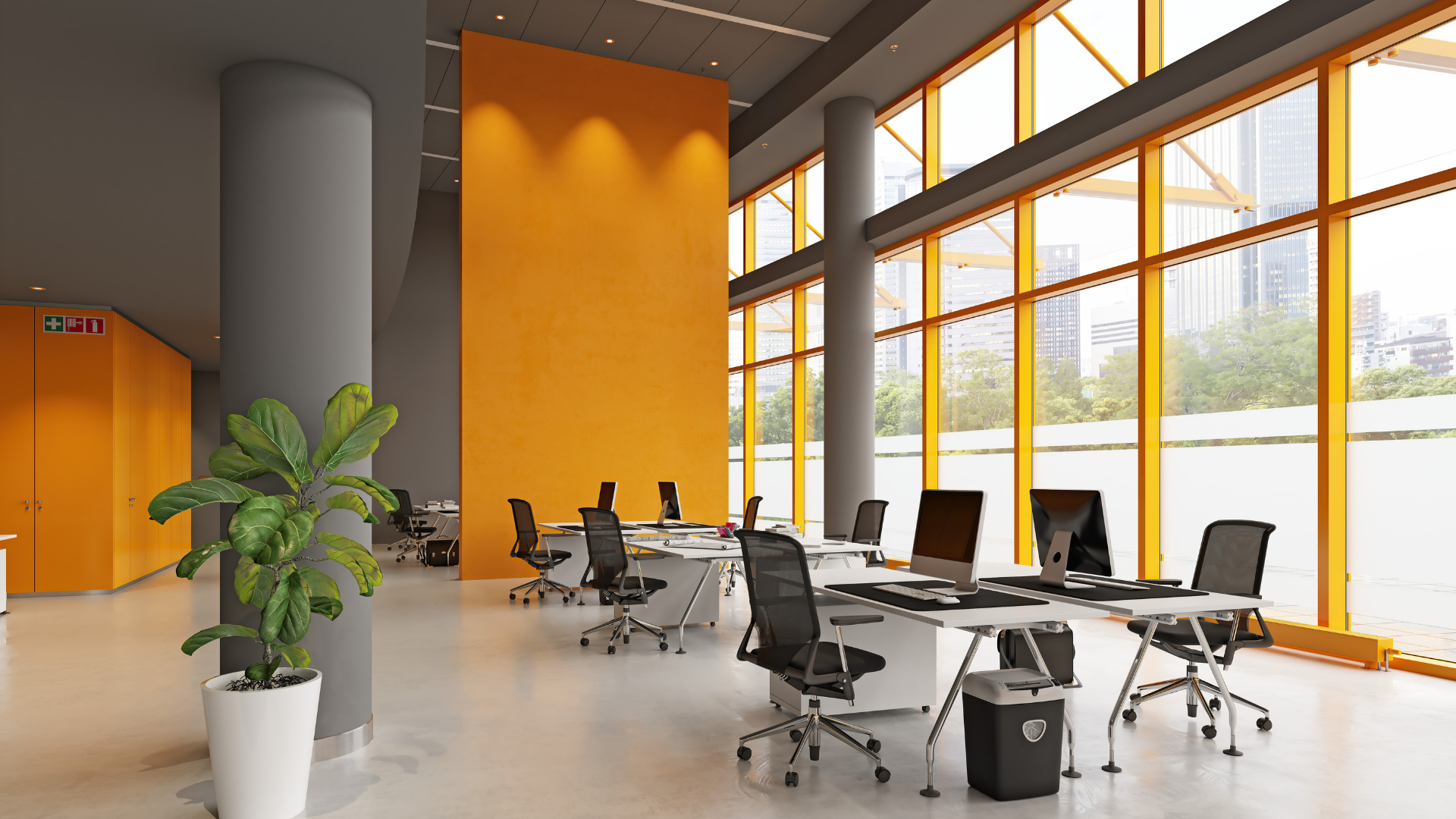 An office with a lot of windows and tables and chairs.