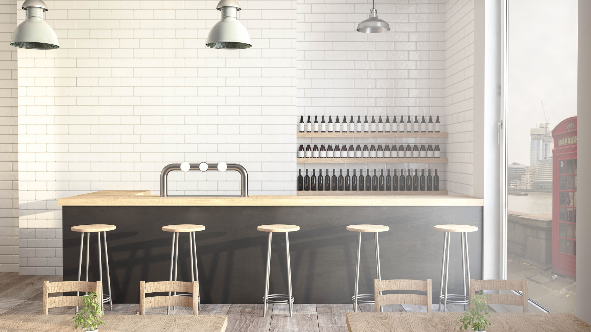 A 3d rendering of a kitchen with a bar and stools.