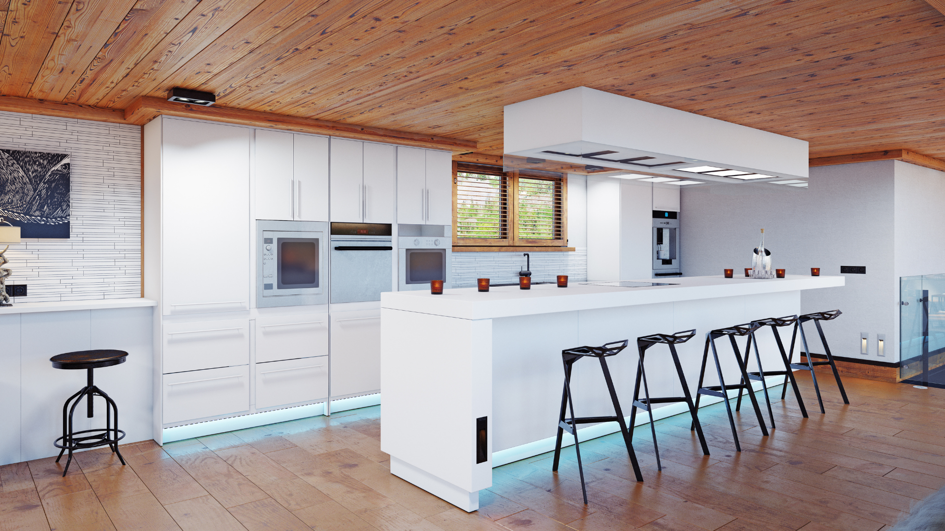 A kitchen with white cabinets and a wooden ceiling