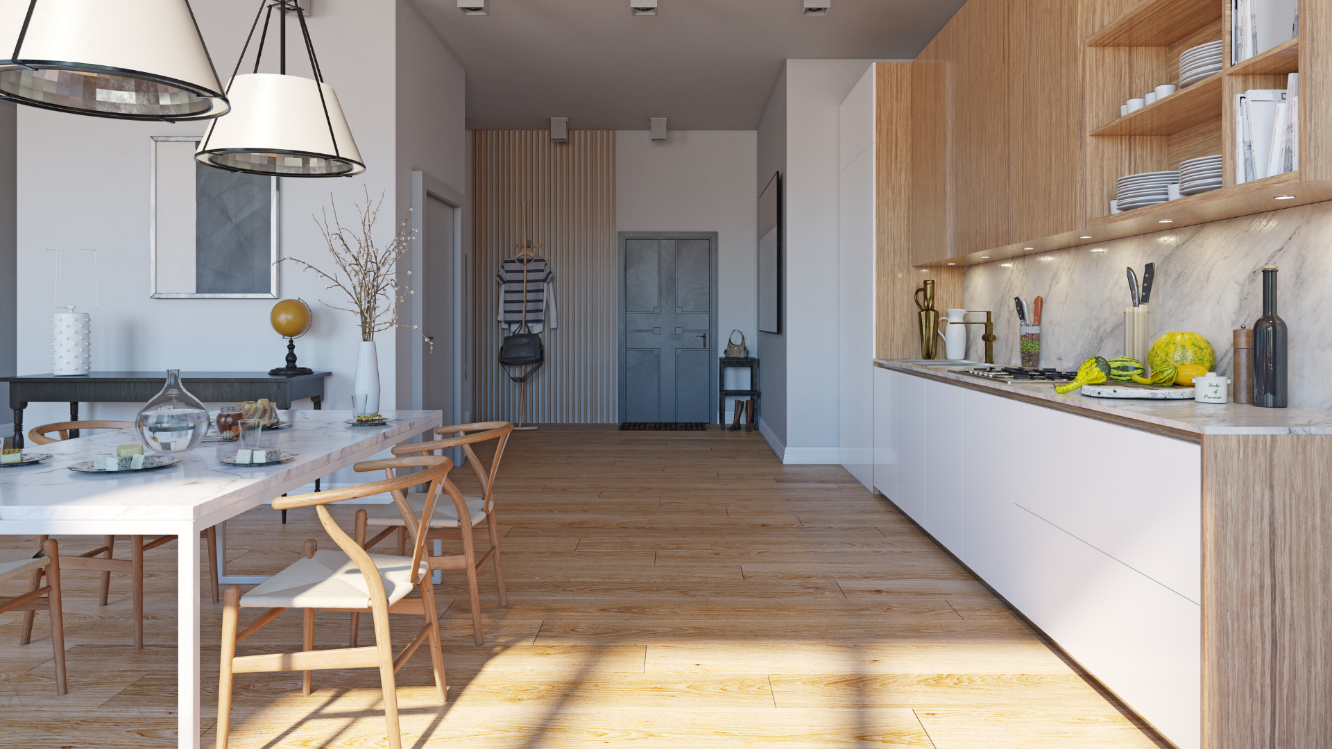 A kitchen with a long table and chairs in it.