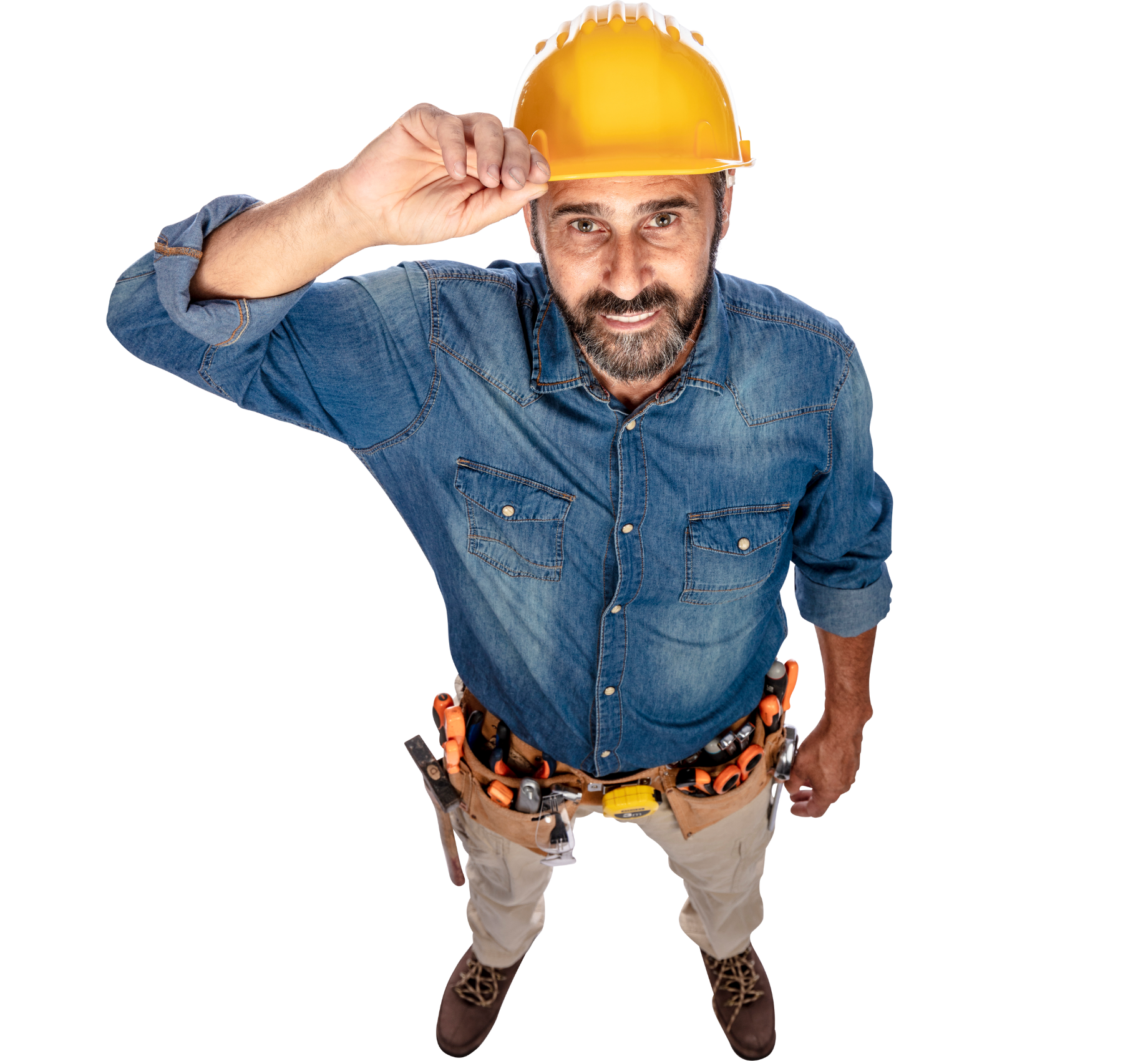 A man wearing a hard hat and a tool belt