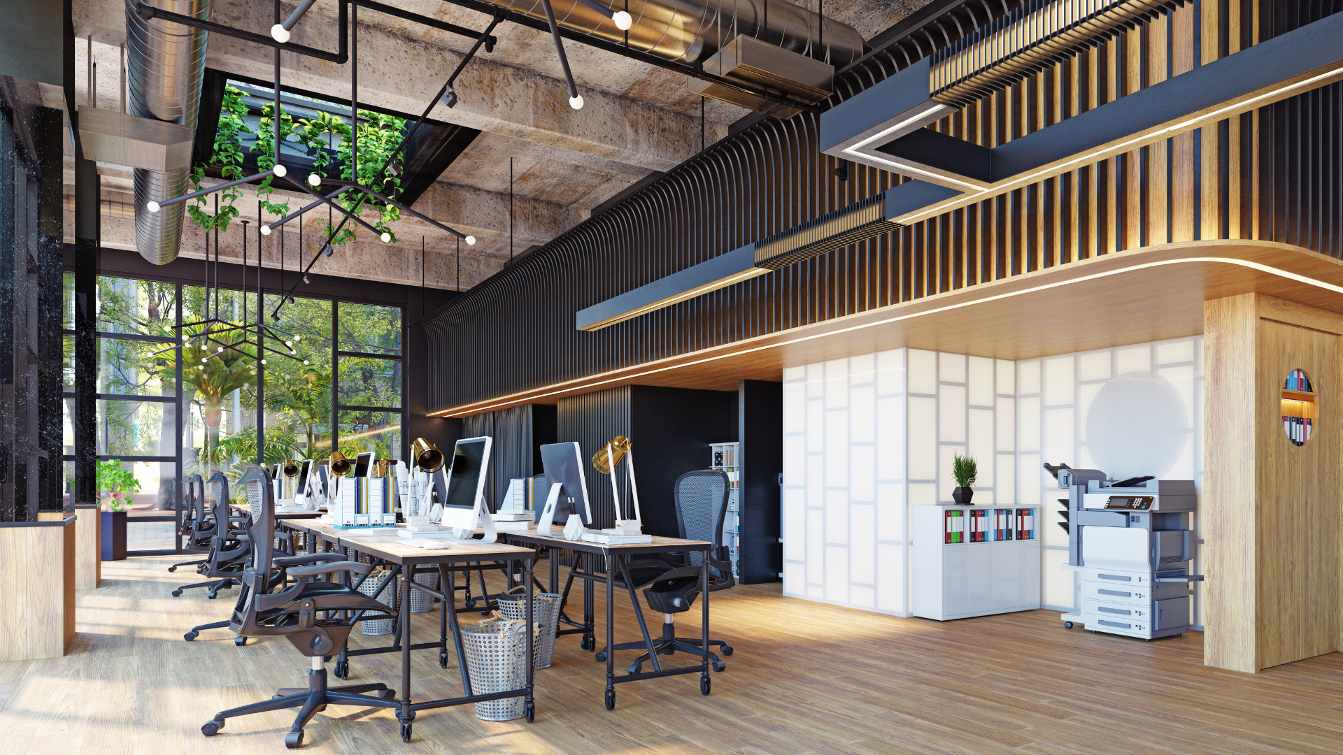 An artist 's impression of a modern office with lots of desks and chairs.