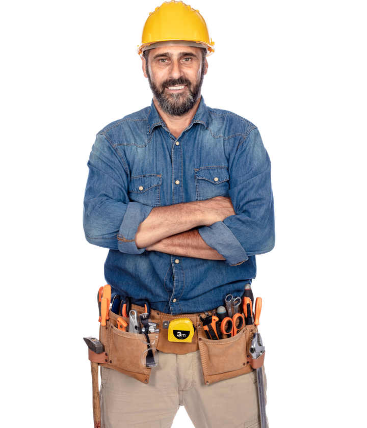 A man wearing a hard hat and a tool belt is standing with his arms crossed.
