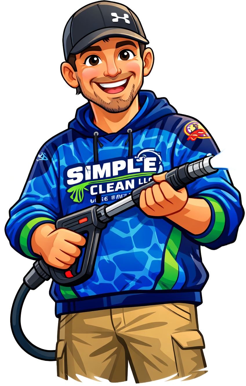 Man in blue hoodie with power washer; smiling, holding equipment.