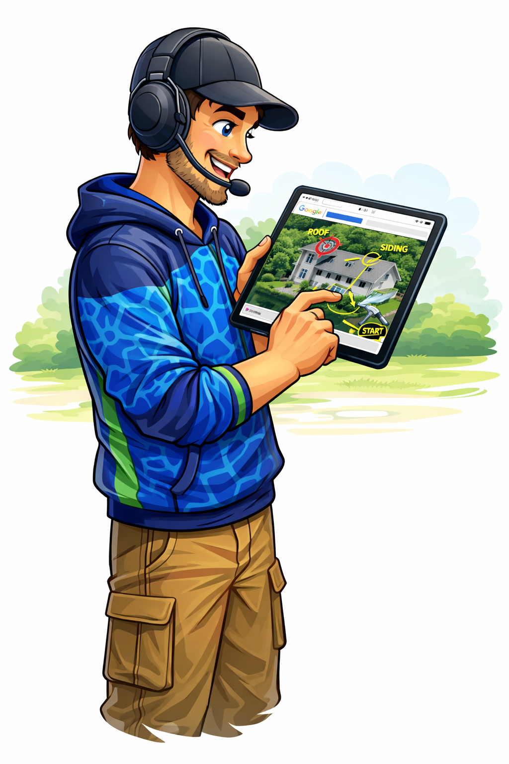 A person wearing a mask and cap uses a laptop in a woodworking shop, tools nearby.