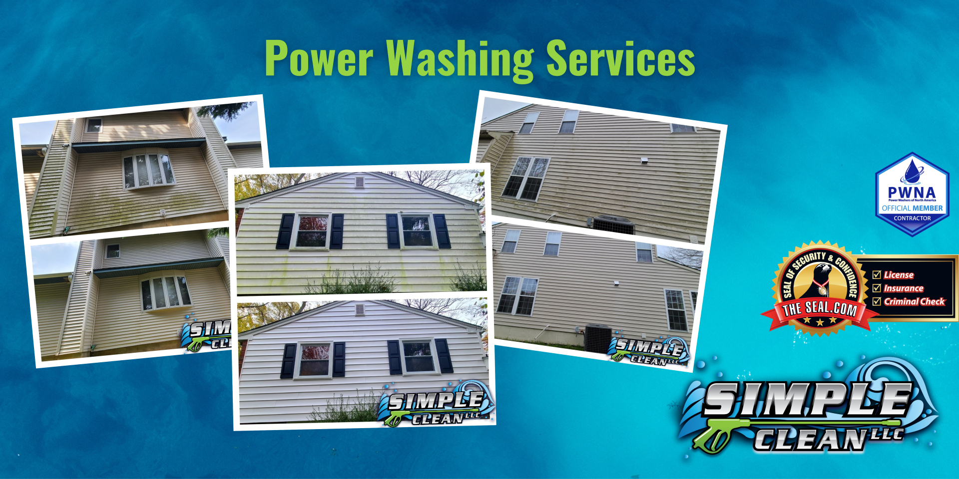 Before and after photos of house washing; service advertisement.