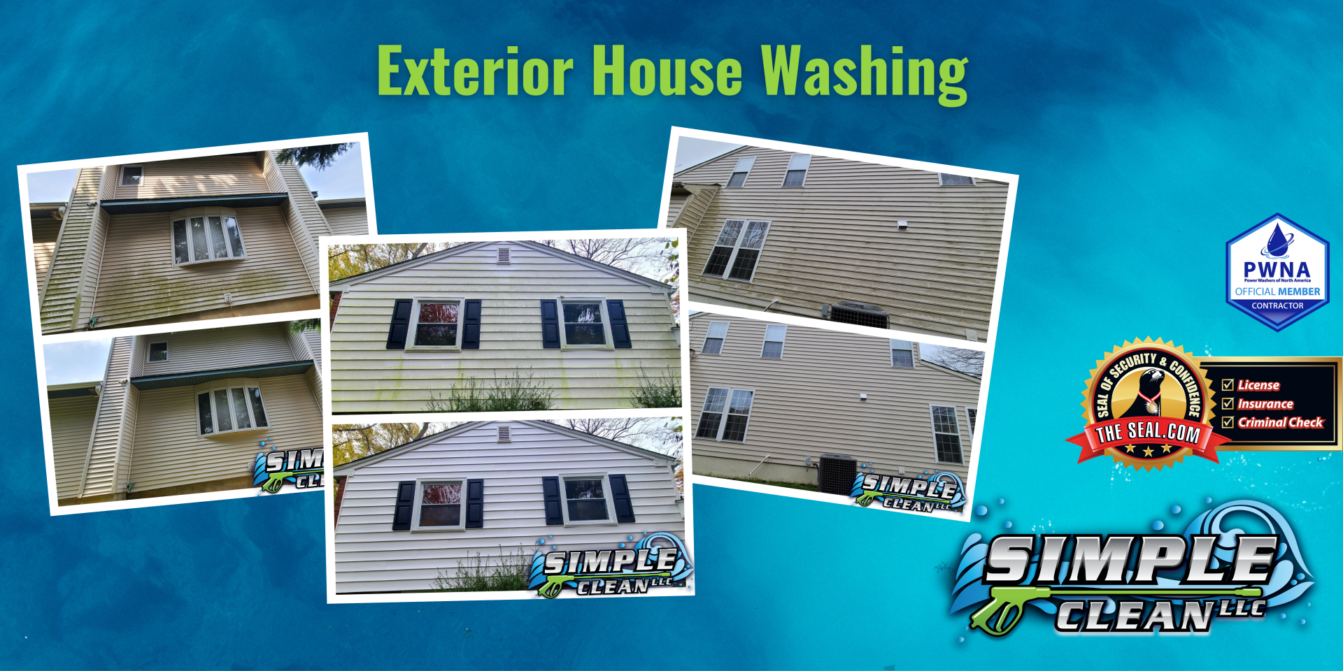 Before and after photos of house siding washing, with company logos: Simple Clean and E&Co.