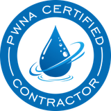 PWNA Certified Contractor logo with blue water droplet and swirling lines. White text on a blue circle.