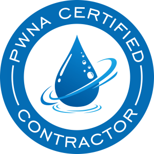 PWNA Certified Contractor logo: Blue circle with water droplet and swirling lines. White text.