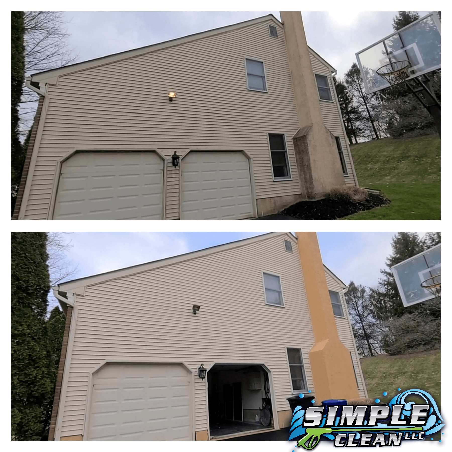 Comparison of house side before and after cleaning. Garage doors and siding are lighter in the