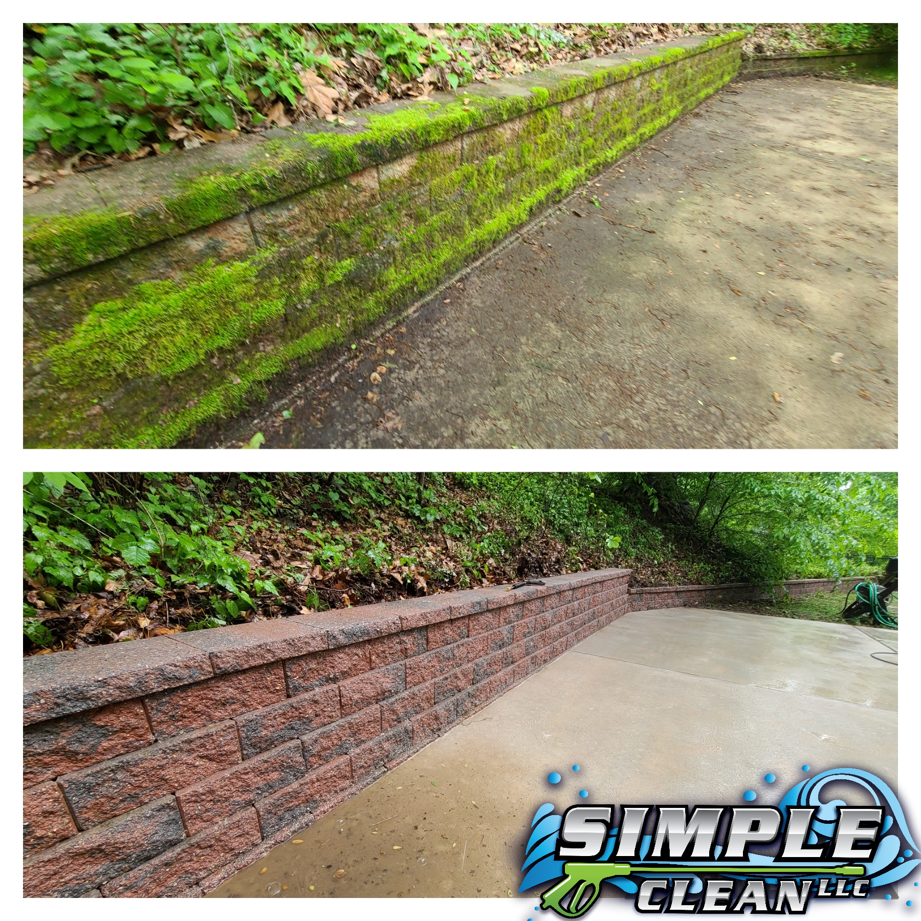 Before and after of a retaining wall and concrete patio cleaned. Top has green moss, bottom is brick colored and clean.