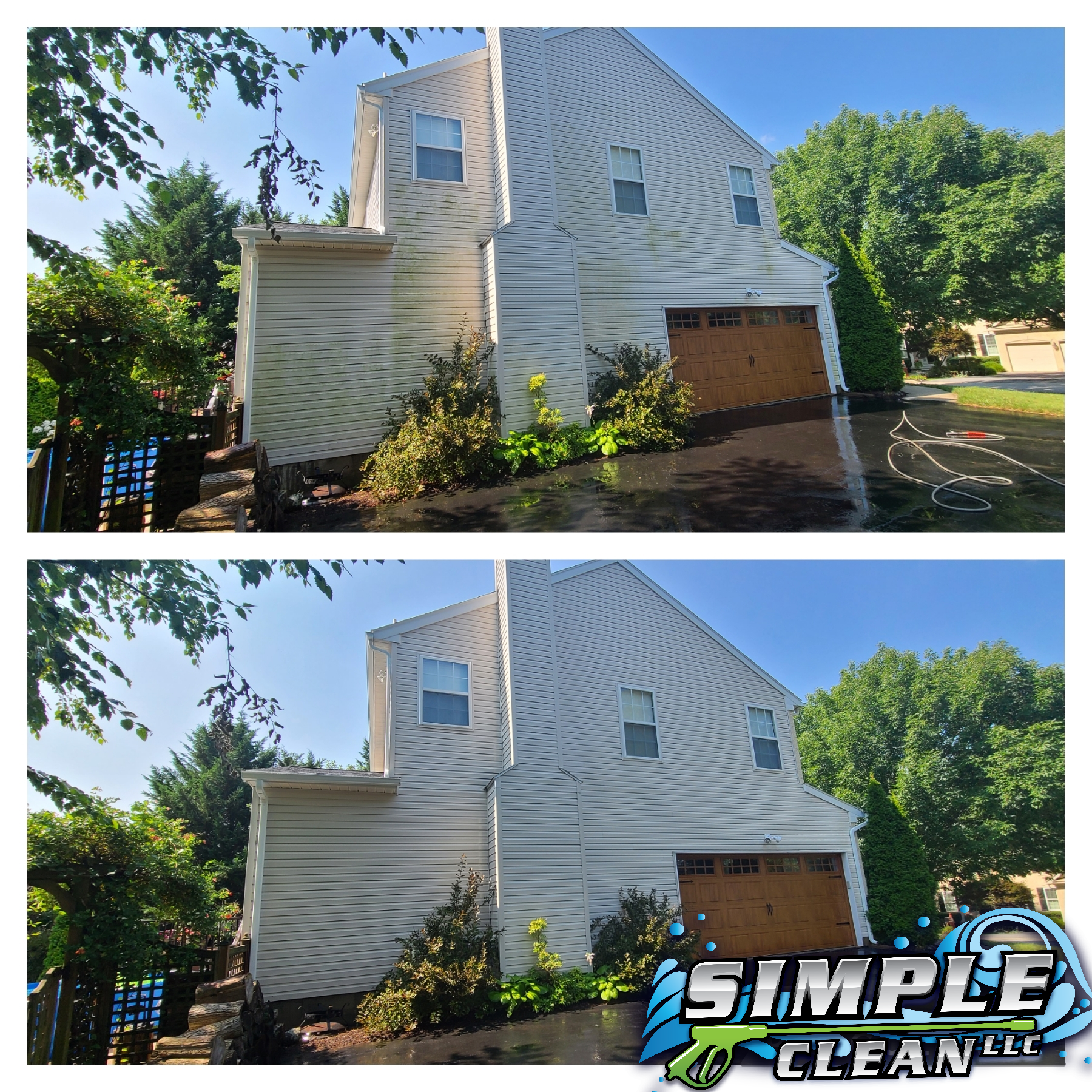 Before and after photos of a two-story house, demonstrating pressure washing results.
