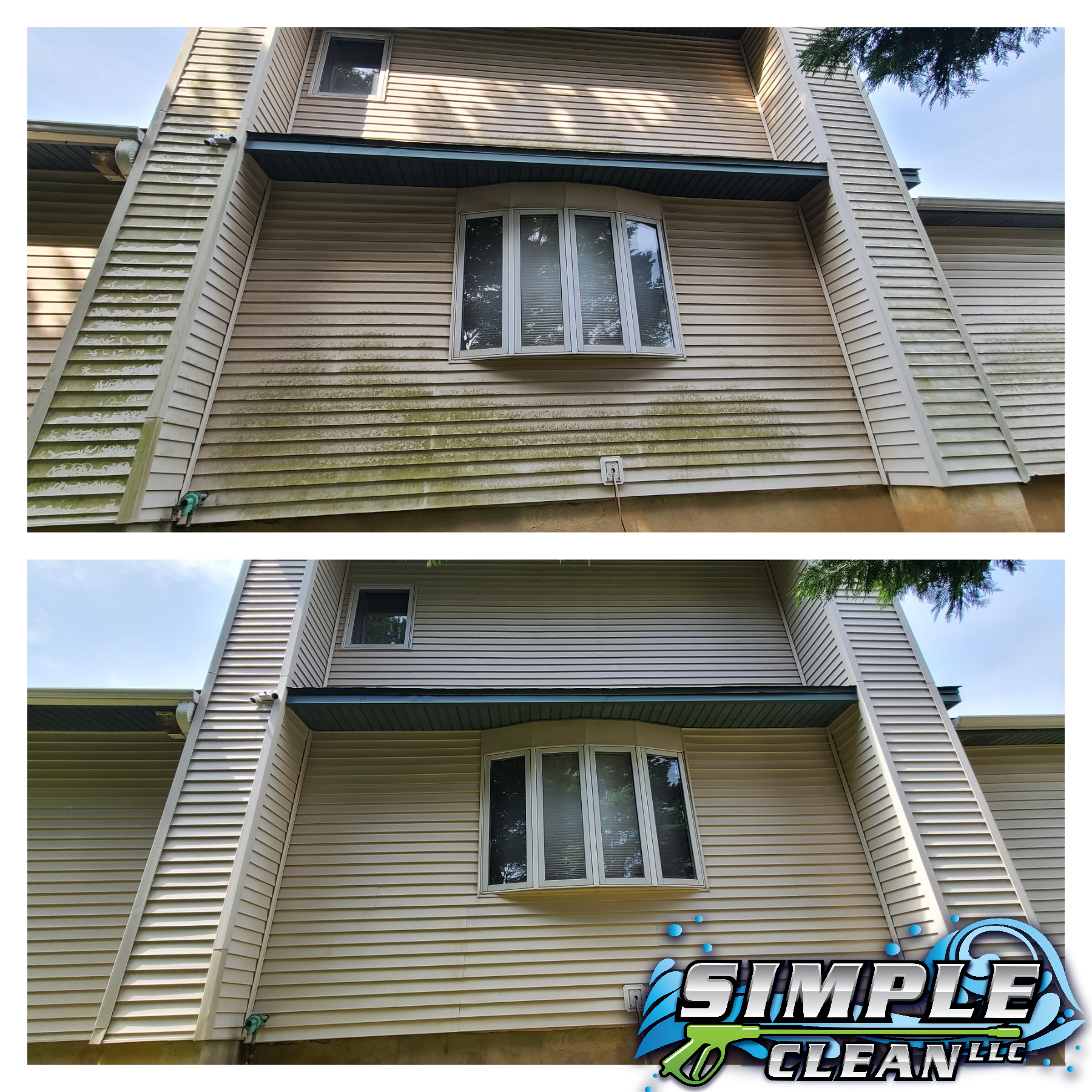Before and after comparison of a house's siding. Top shows dirty siding, bottom shows the cleaned siding.