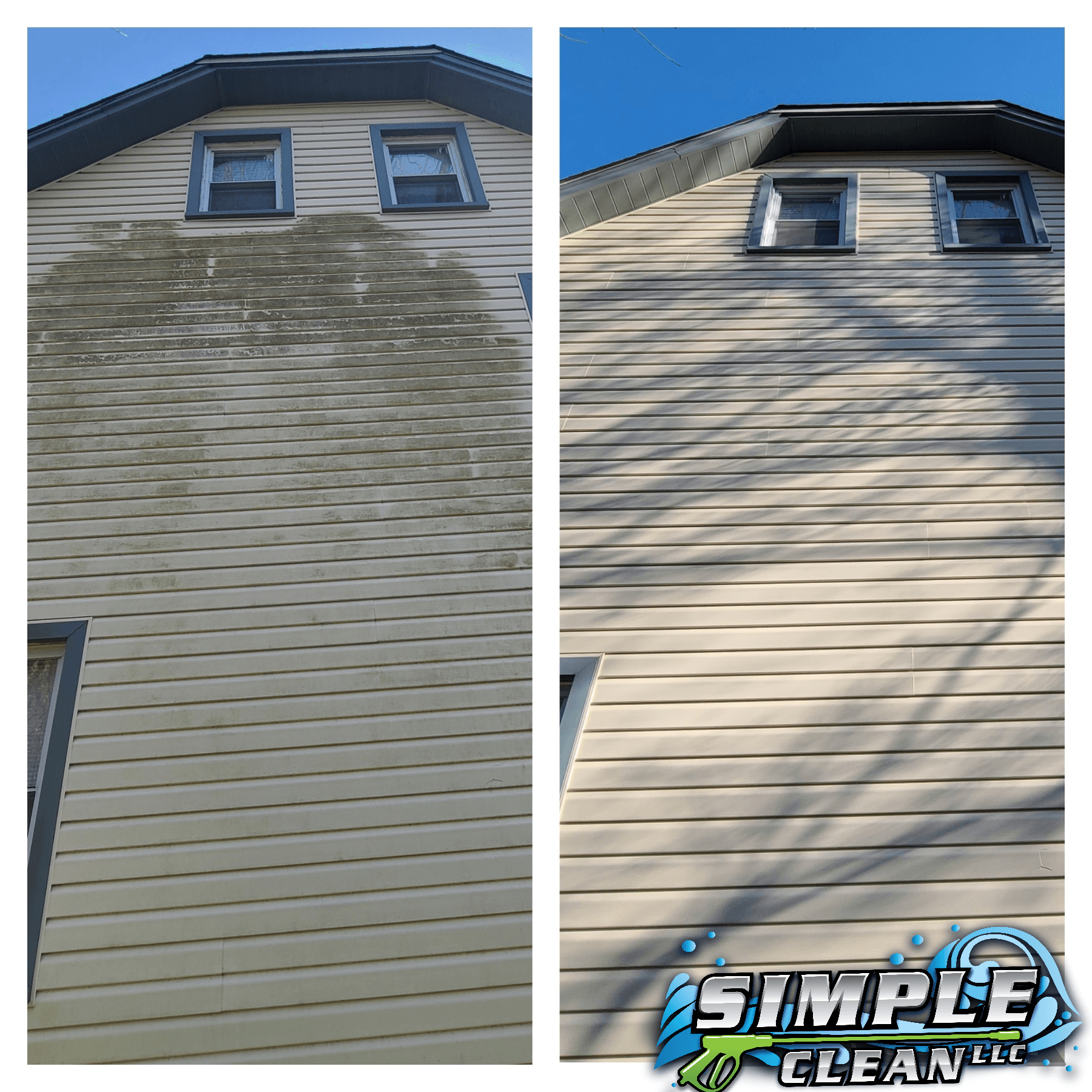 Side-by-side comparison of a house's siding before and after cleaning. The left shows dirt, the right is clean.