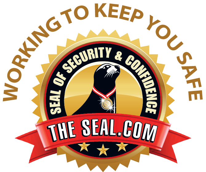 Seal of Security & Confidence logo: Seal wearing a medal, surrounded by text, gold and red colors.