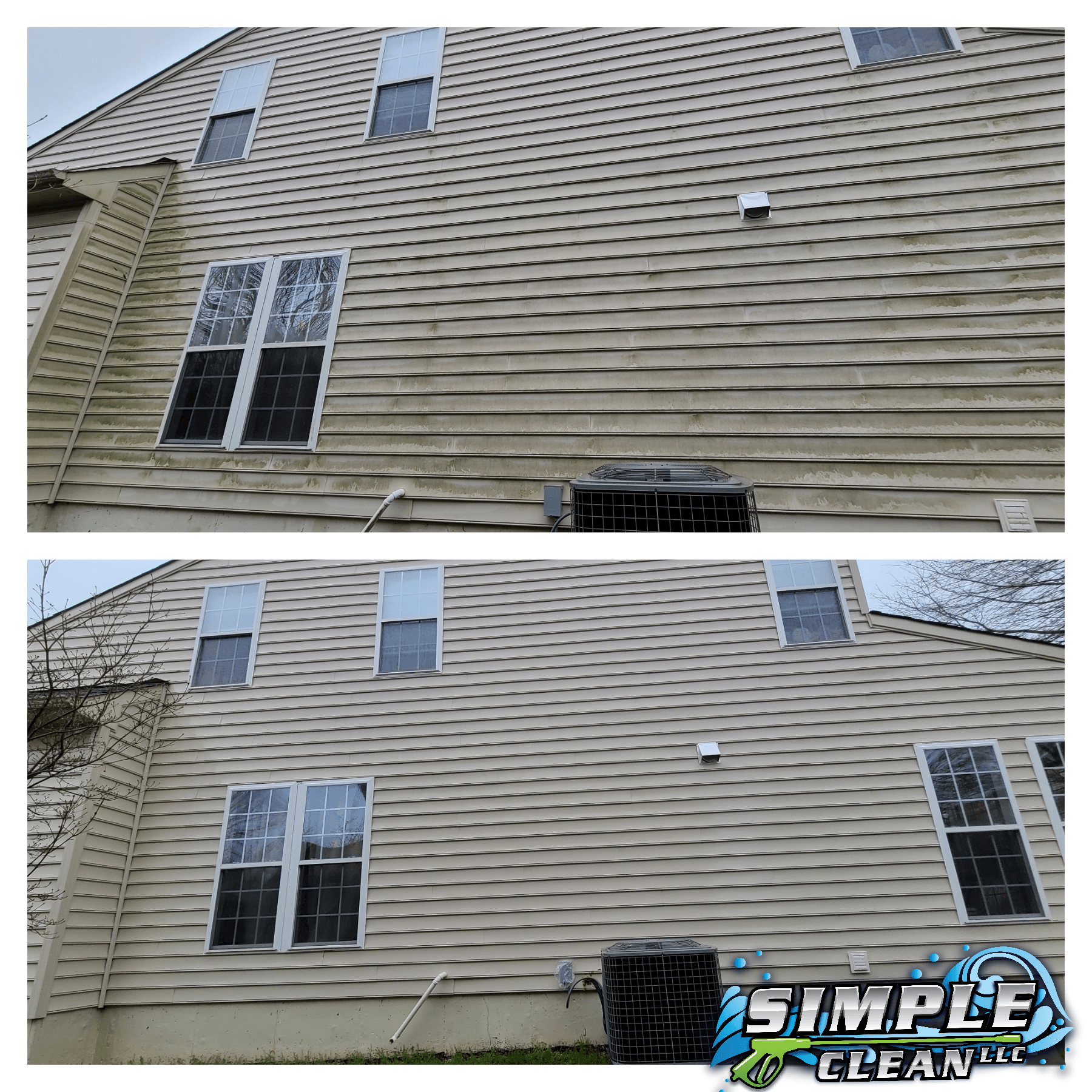 Comparison of before/after power washing on a beige siding house, revealing a significant cleaning effect.