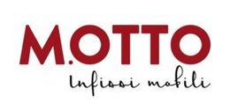 Logo per mobili "MOTTO", lettere rosse su bianco con la scritta "infissi mobili" in corsivo nero.
