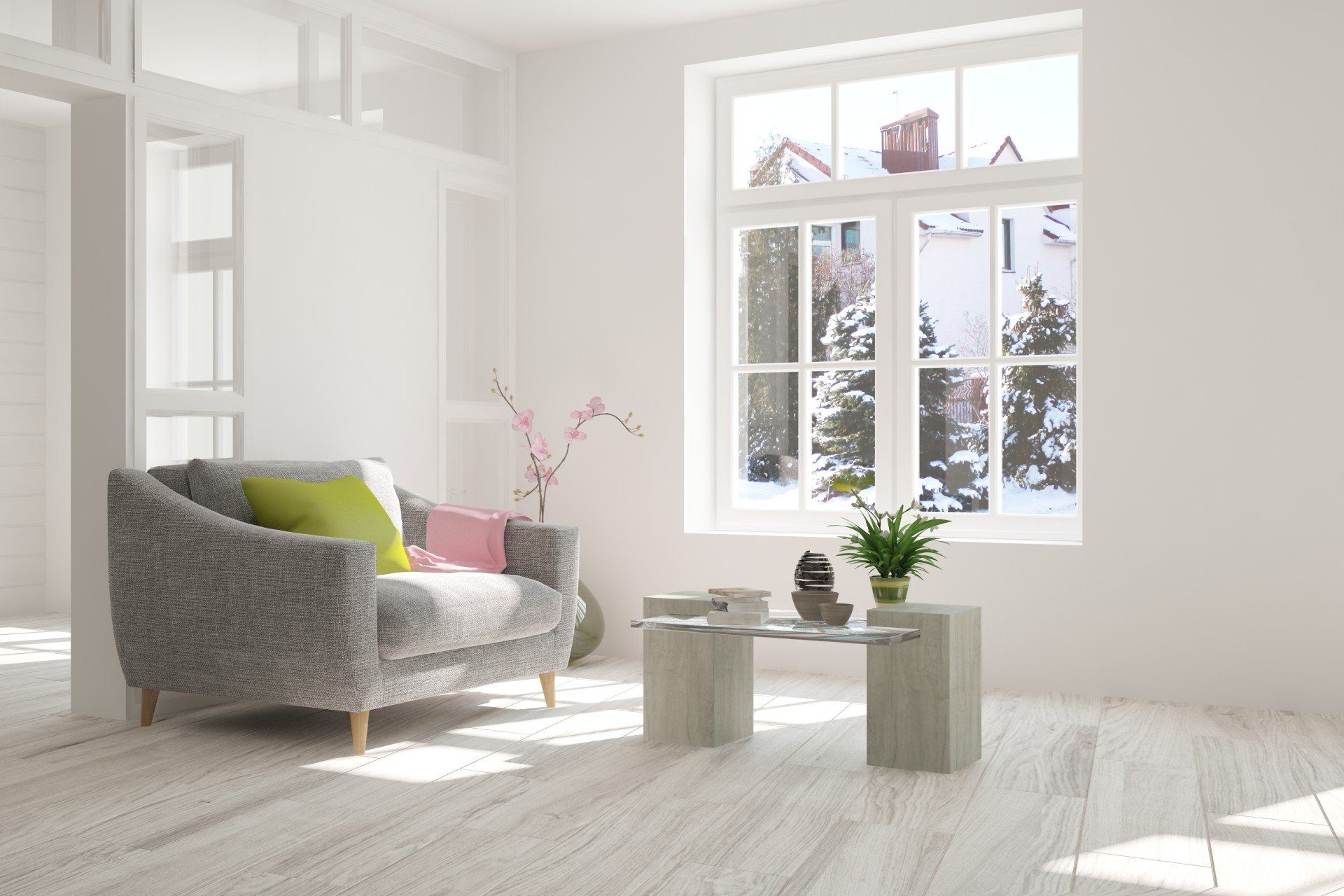 salotto con finestra bianca moderna