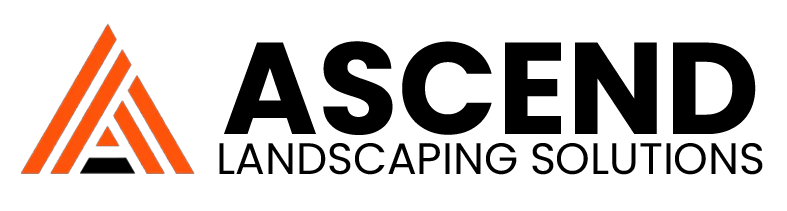 Logo for Ascend Landscaping Solutions, orange and black triangle, black text.