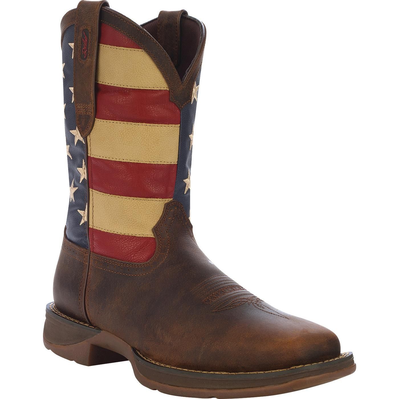Brown leather cowboy boot with American flag design on the shaft.
