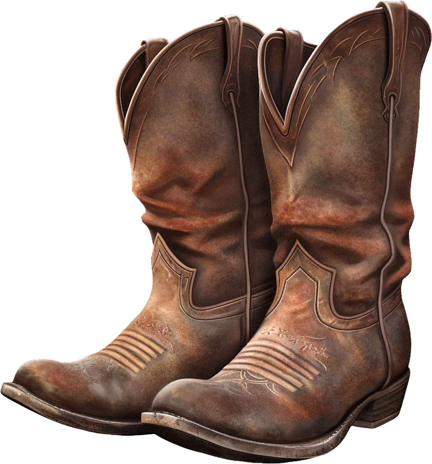 Brown, worn leather cowboy boots.