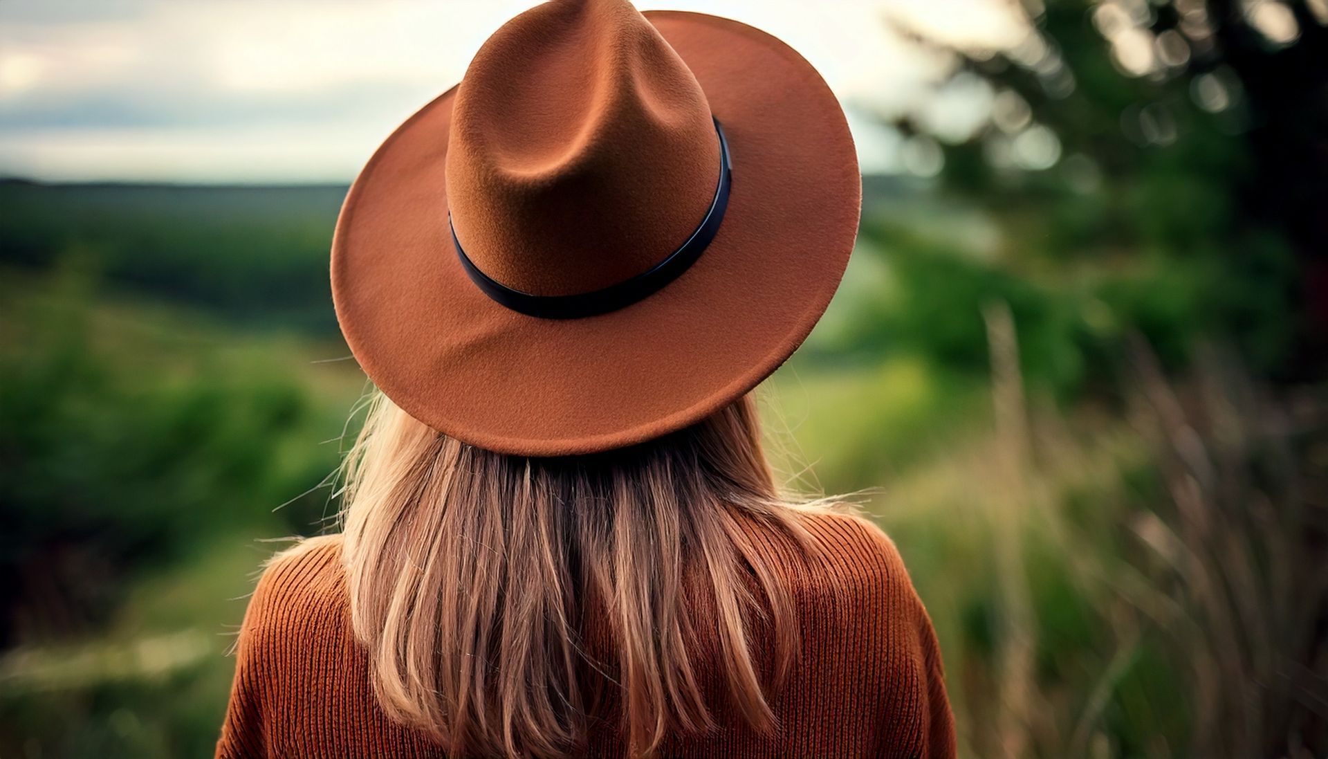 Person wearing a brown hat and sweater, facing away, in a field with green foliage.
