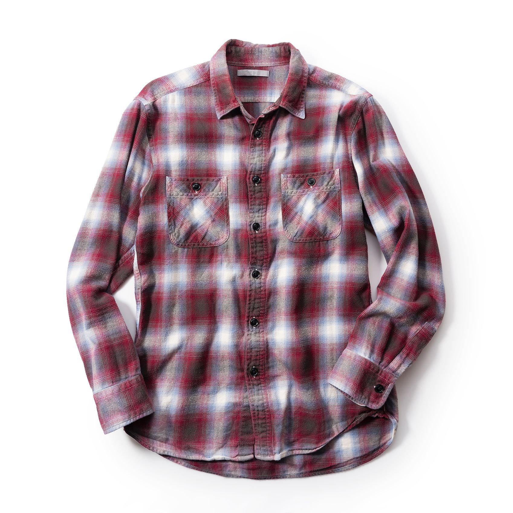 Red and white plaid flannel shirt on a white background.