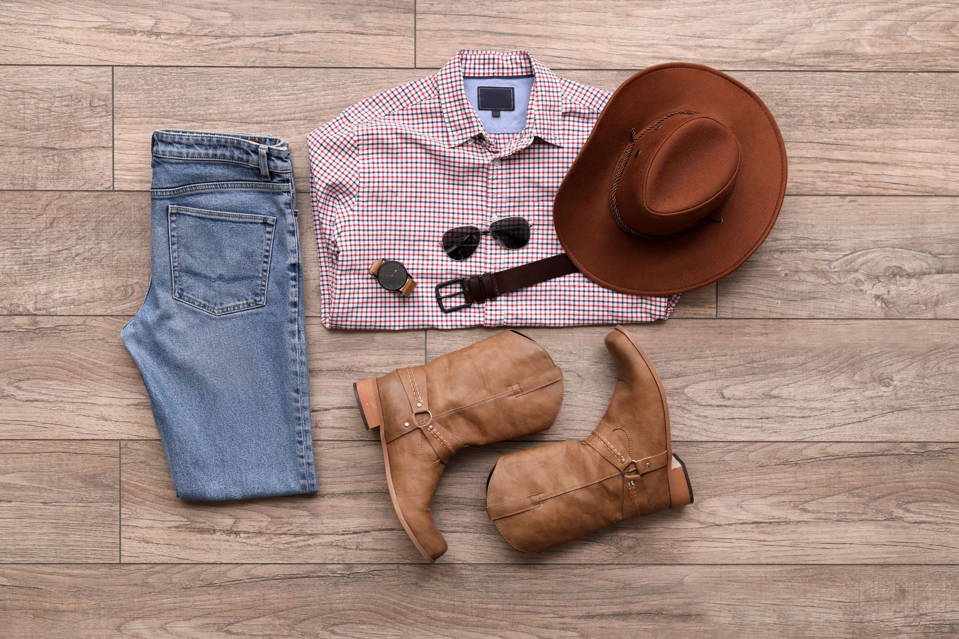 Outfit laid out: blue jeans, plaid shirt, cowboy hat, boots, belt, sunglasses, and watch.