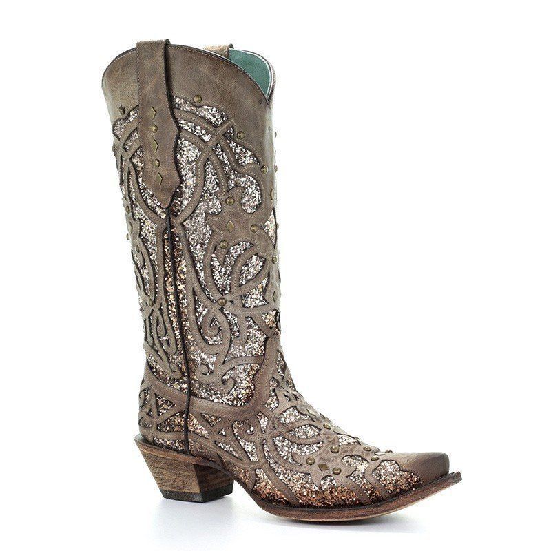 Brown leather cowboy boot with glitter accents and intricate cut-out design.