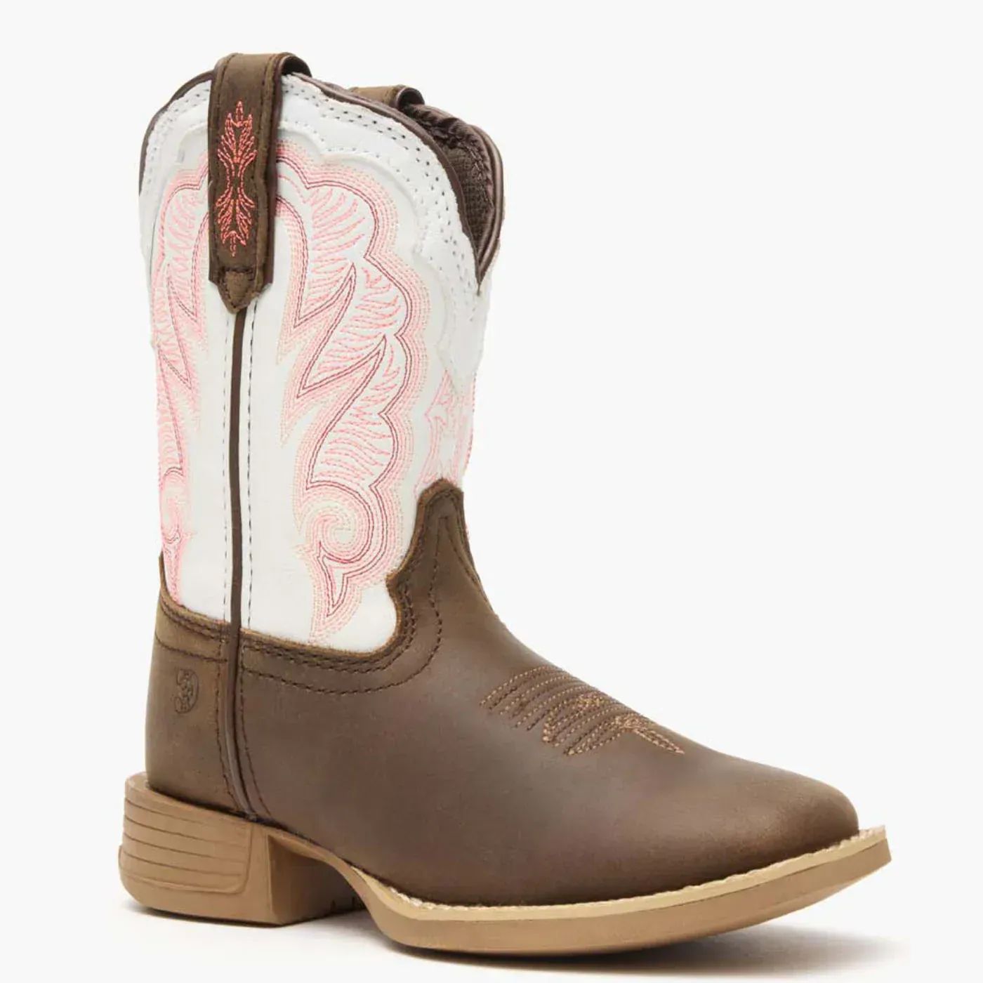Brown and white cowboy boot with pink stitching.