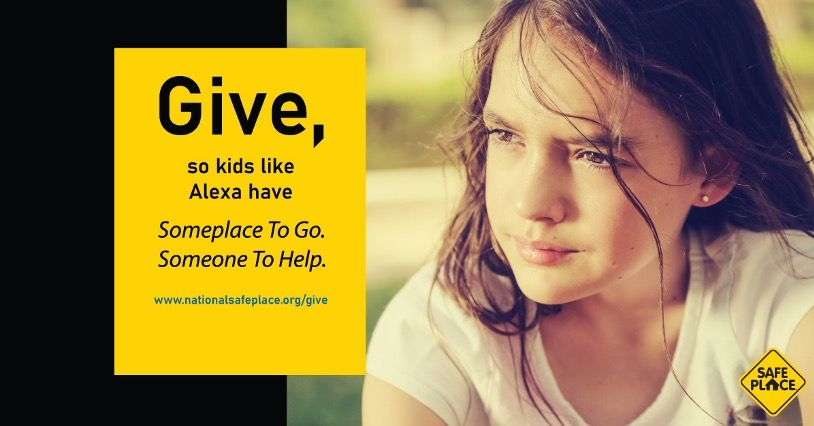 A sad-looking child in a yellow-themed advertisement, seeking donation to Safe Place for kids.