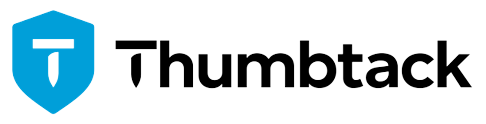 A logo for thumbtack with a blue shield on a white background.