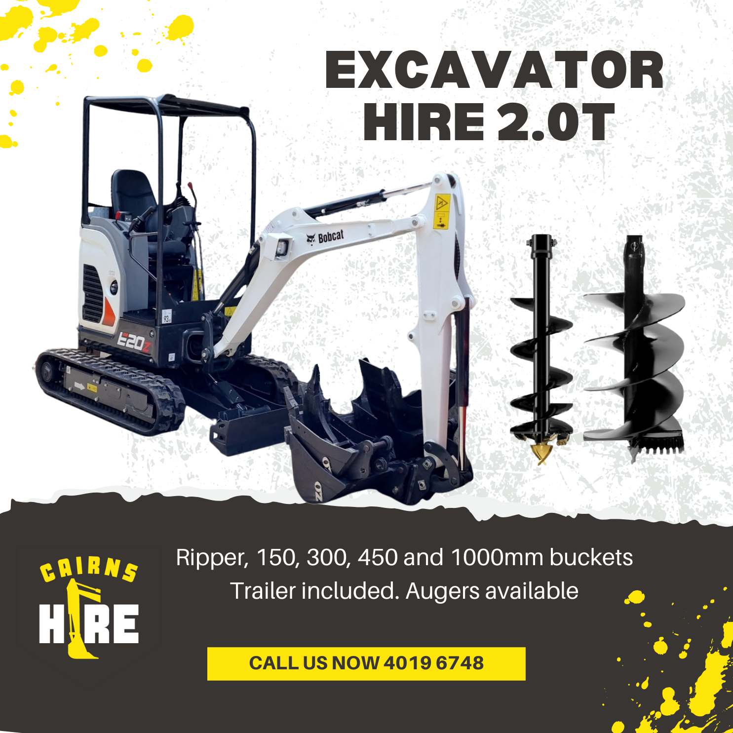 An excavator hire 2.0t with ripper , 150 , 300 , 450 and 1000mm buckets.