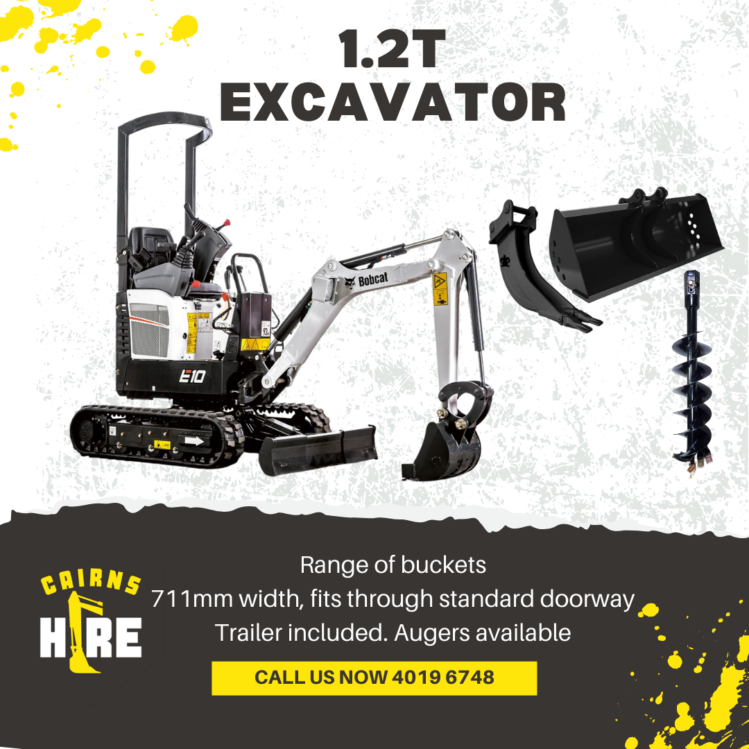A picture of a 1.2t excavator with buckets and a drill.