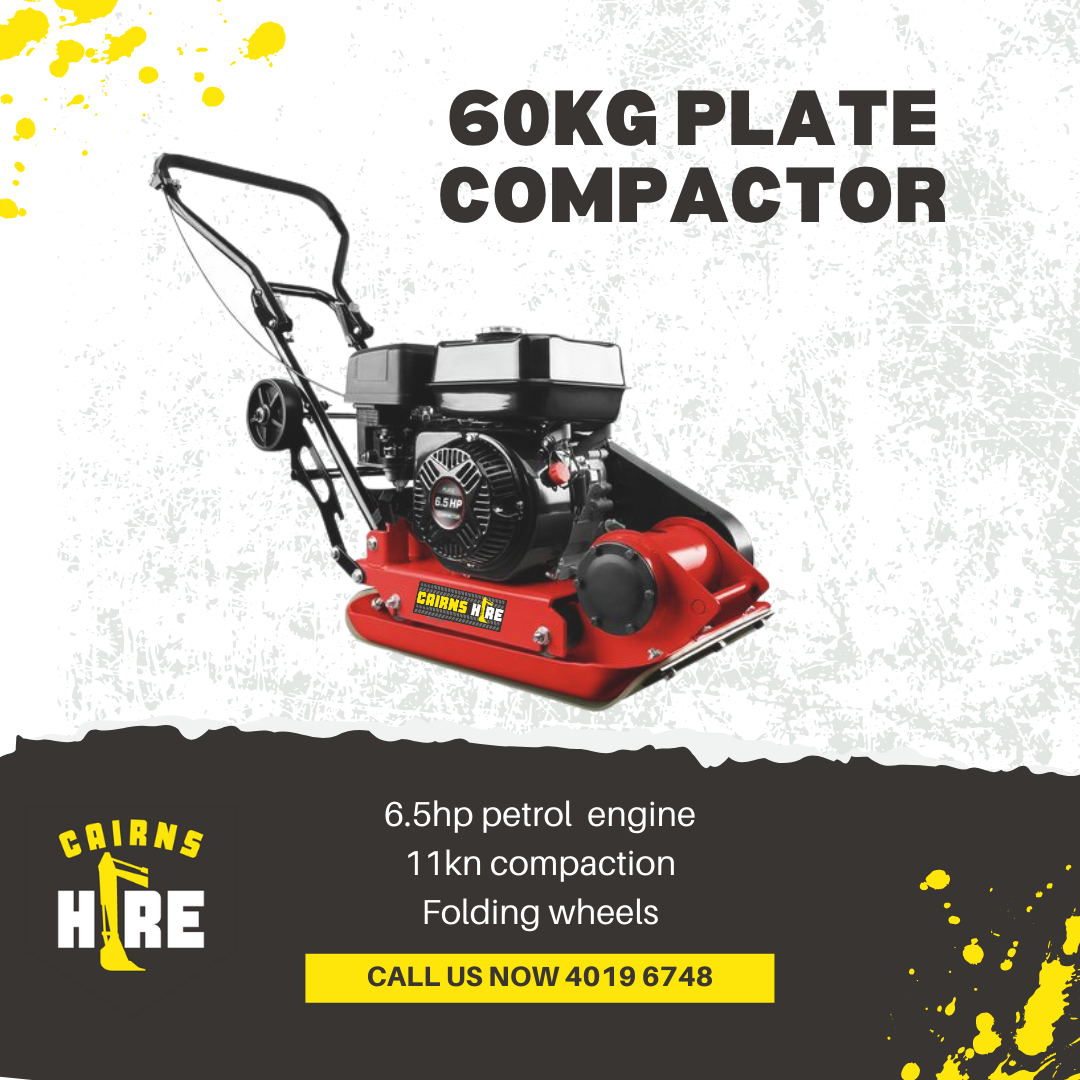 A 60kg plate compactor with a 6.5hp petrol engine and folding wheels