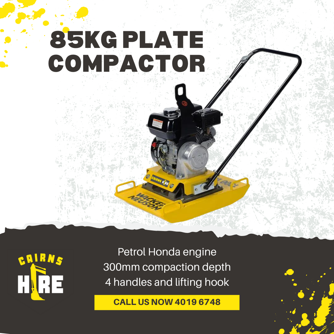 An advertisement for a 85kg plate compactor with a petrol honda engine.