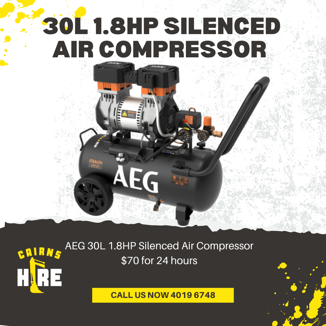 An advertisement for a 30l 1.8hp silenced air compressor