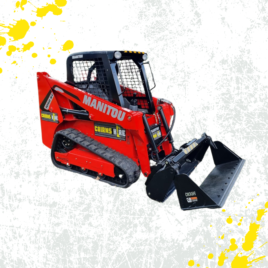 A red manitou skid steer loader with a bucket attached to it.