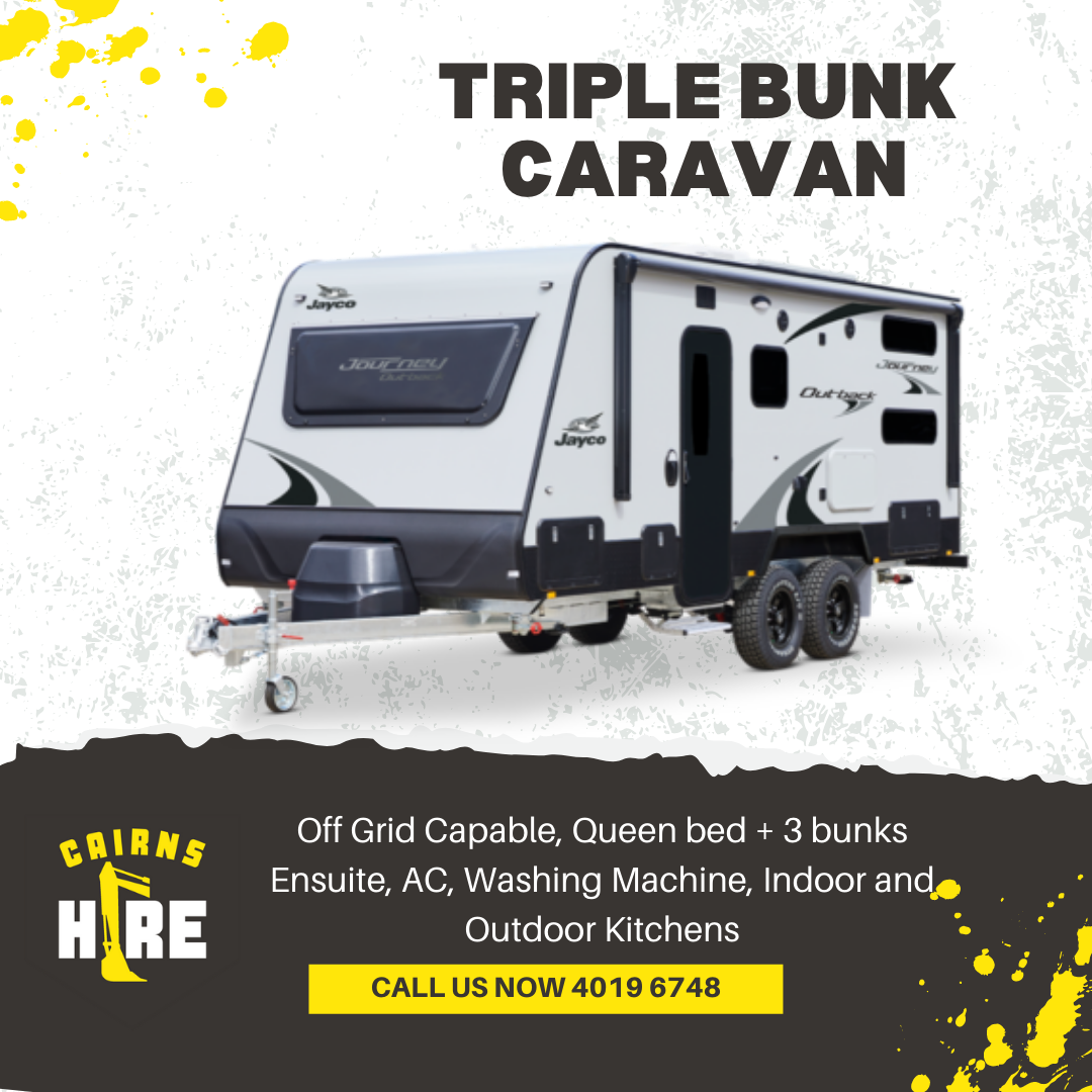A triple bunk caravan with a queen bed and 3 bunks