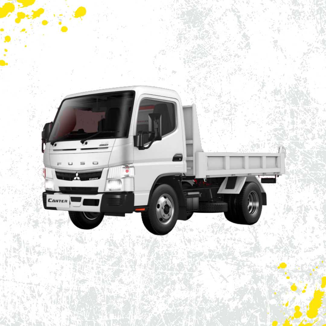 A white dump truck is parked on a white background.