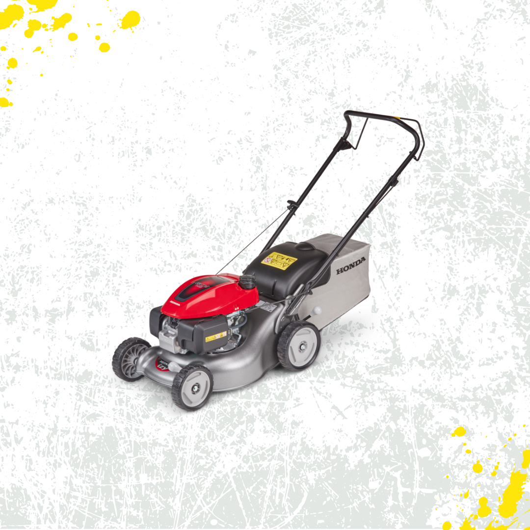 A black and white lawn mower with orange wheels on a white background.