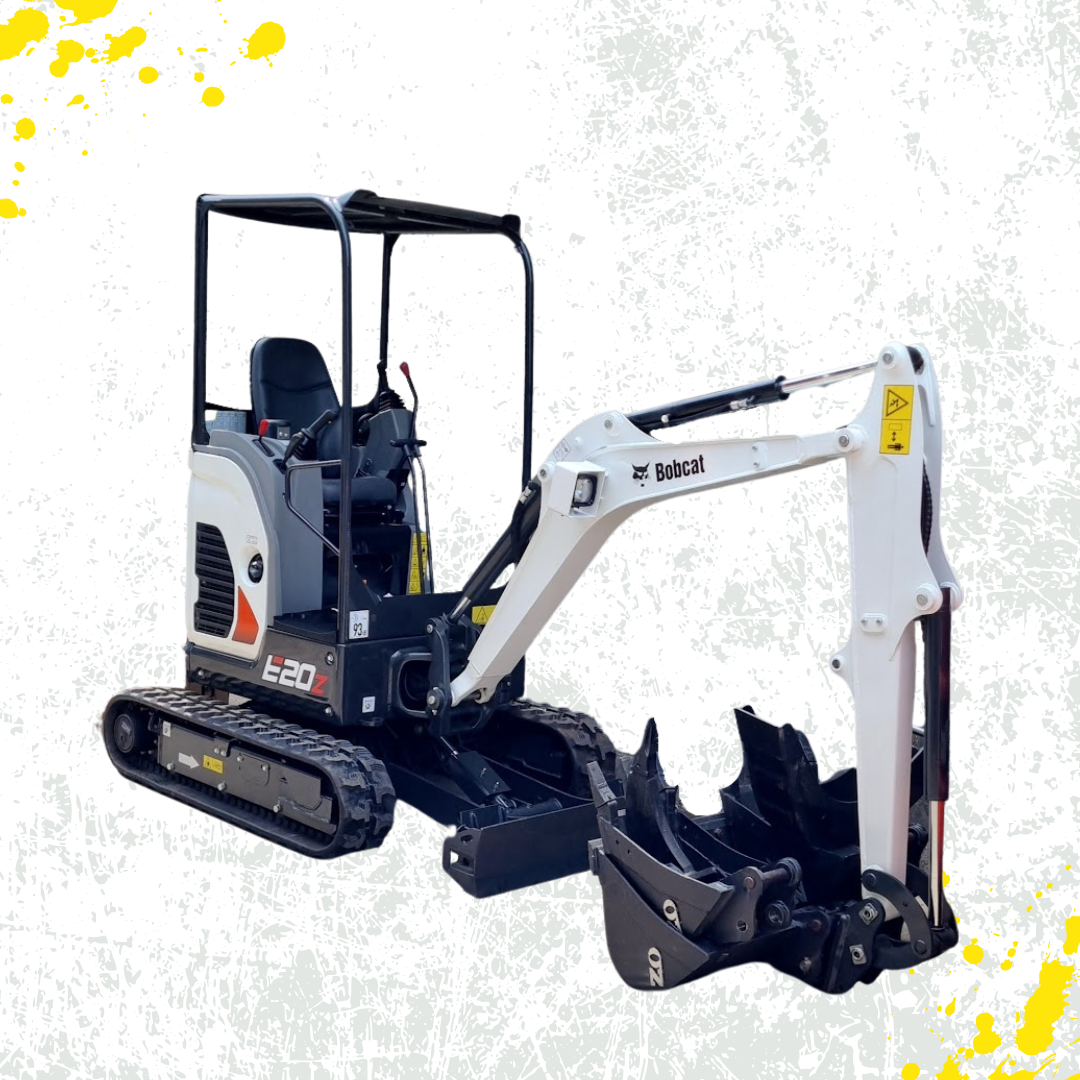 A small excavator with a large bucket on a white background.