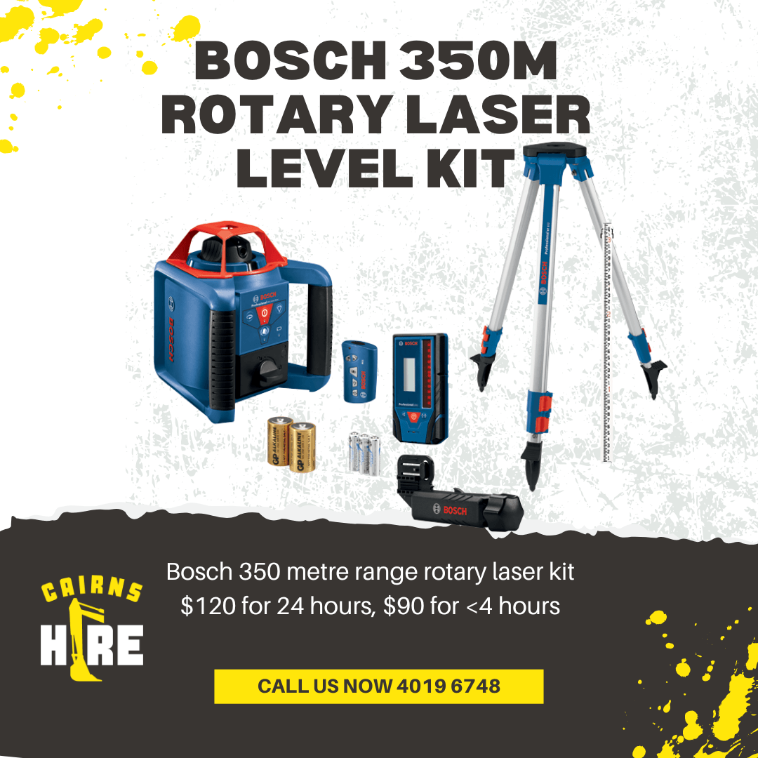 An advertisement for a bosch 350m rotary laser level kit.